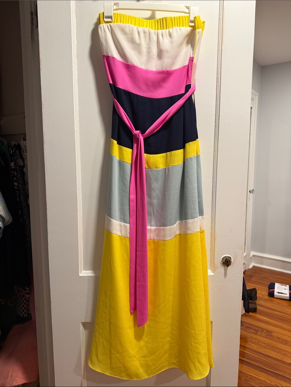 Rachael Ray Strapless Colorblock Maxi Dress in Yellow, Pink, Navy & Cream